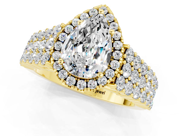 Yellow gold Pear Cut Moissanite Halo Engagement Ring with Triple Row Round Pavé Band and Prong Setting
