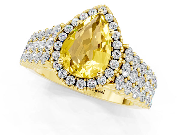 Yellow gold Pear Cut Yellow Sapphire Halo Engagement Ring with Triple Row Round Pavé Band and Prong Setting
