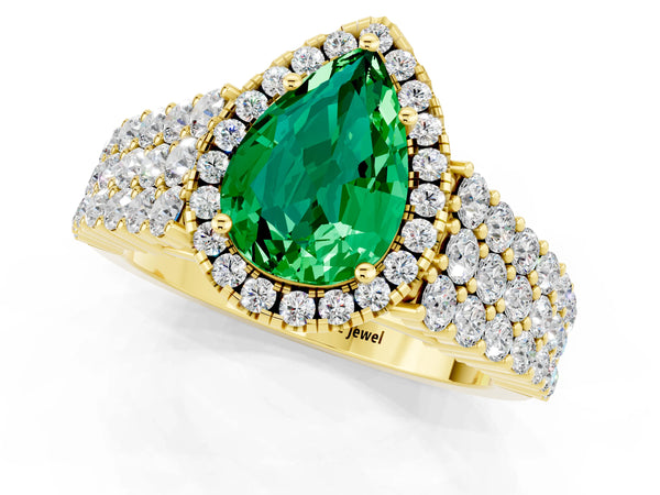 Yellow gold Pear Cut Emerald Halo Engagement Ring with Triple Row Round Pavé Band and Prong Setting