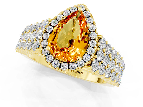 Yellow gold Pear Cut Citrine Halo Engagement Ring with Triple Row Round Pavé Band and Prong Setting
