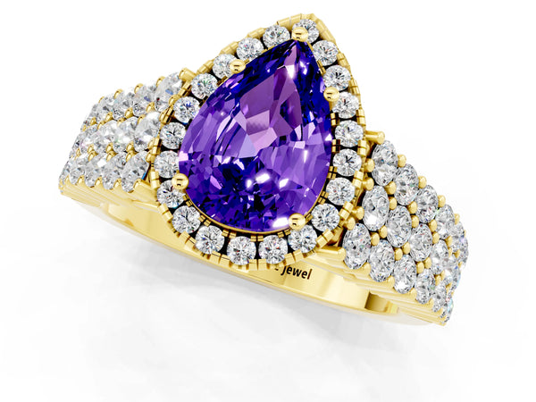 Yellow gold Pear Cut Tanzanite Halo Engagement Ring with Triple Row Round Pavé Band and Prong Setting