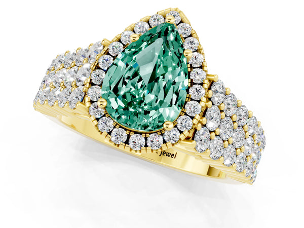 Yellow gold Pear Cut Green Sapphire Halo Engagement Ring with Triple Row Round Pavé Band and Prong Setting