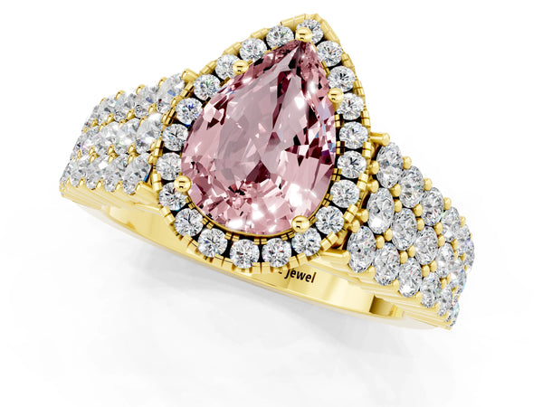 Yellow gold Pear Cut Halo Pavé Diamond Engagement Ring with Split Shank and Four-Prong Setting