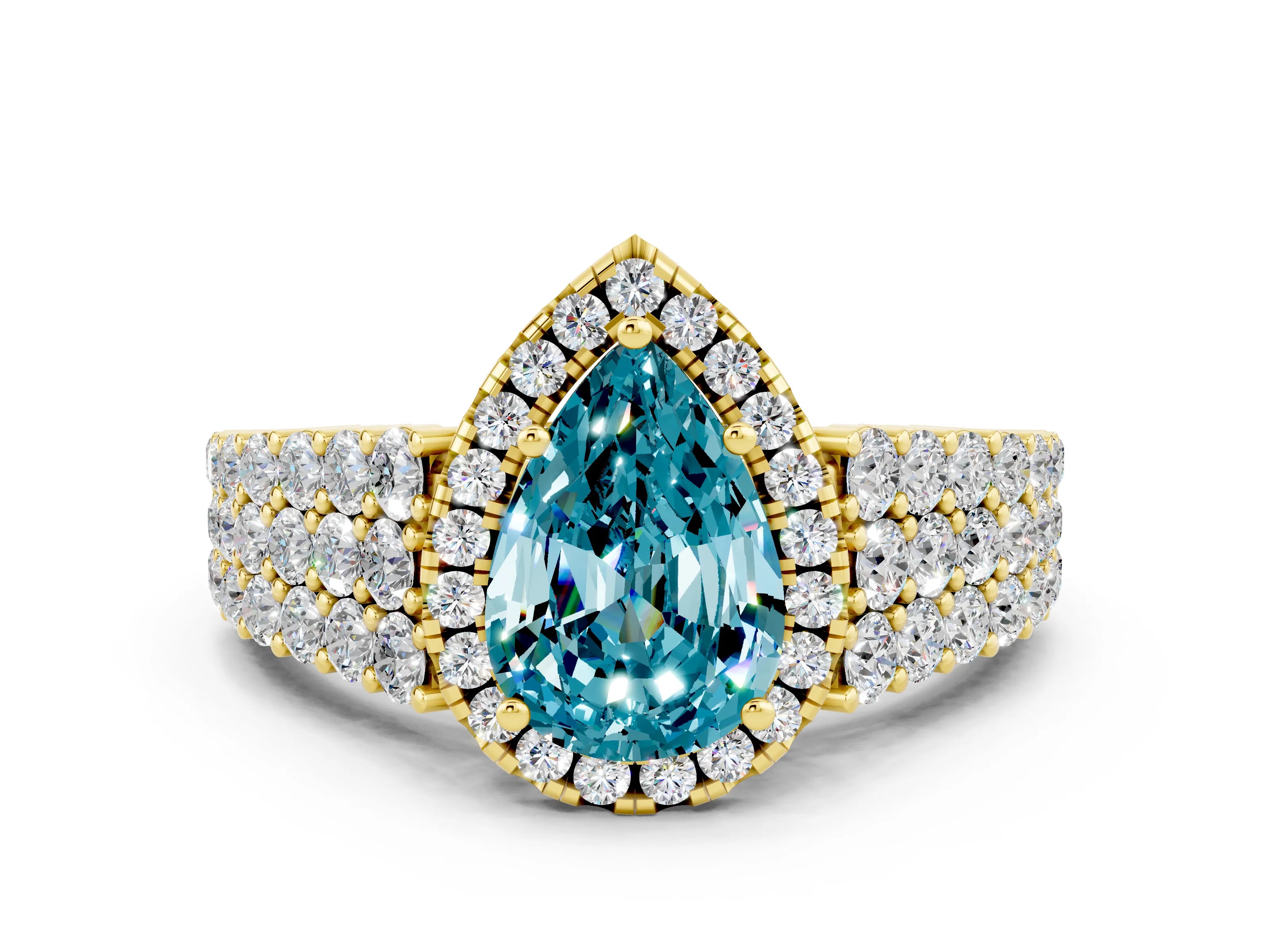 Yellow gold Pear Cut Halo Pavé Diamond Engagement Ring with Split Shank and Four-Prong Setting