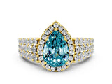 Yellow gold Pear Cut Halo Pavé Diamond Engagement Ring with Split Shank and Four-Prong Setting