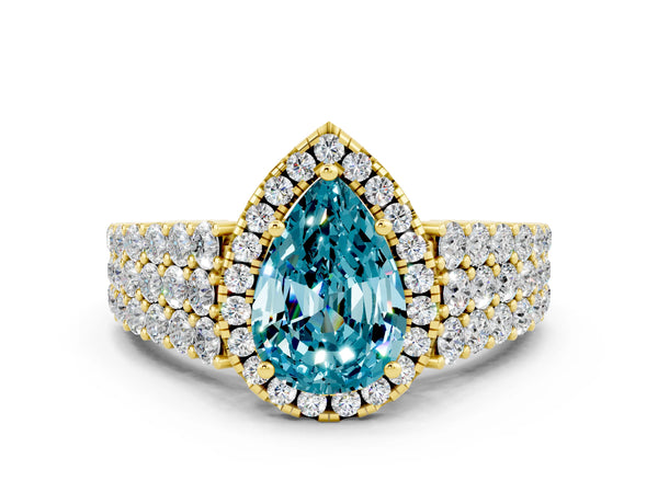 Yellow gold Pear Cut Halo Pavé Diamond Engagement Ring with Split Shank and Four-Prong Setting