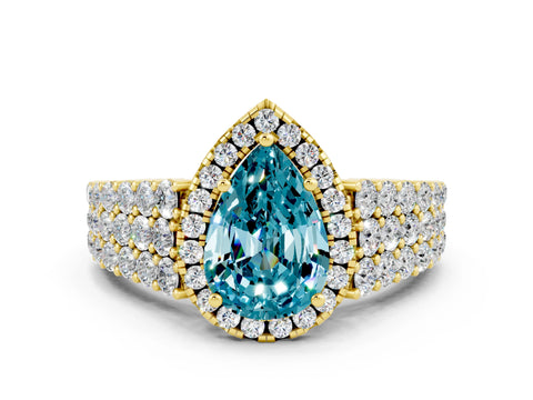 Yellow gold Pear Cut Halo Pavé Diamond Engagement Ring with Split Shank and Four-Prong Setting