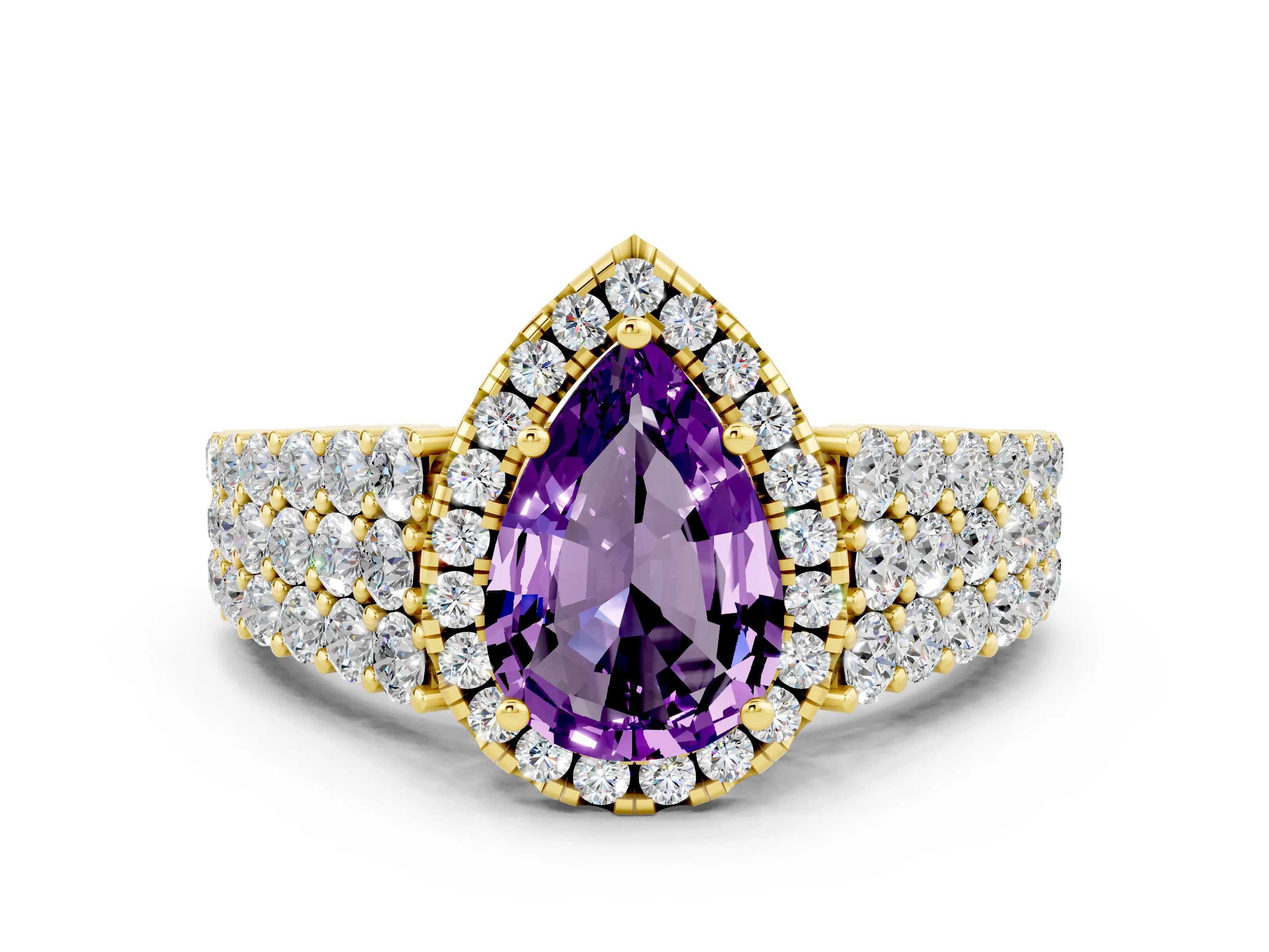 Yellow gold Pear Cut Halo Pavé Diamond Engagement Ring with Split Shank and Four-Prong Setting