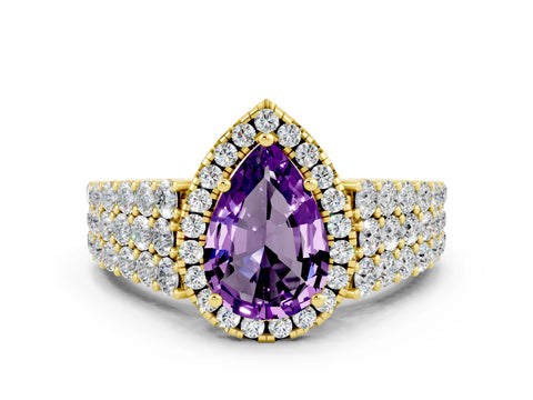 Yellow gold Pear Cut Halo Pavé Diamond Engagement Ring with Split Shank and Four-Prong Setting