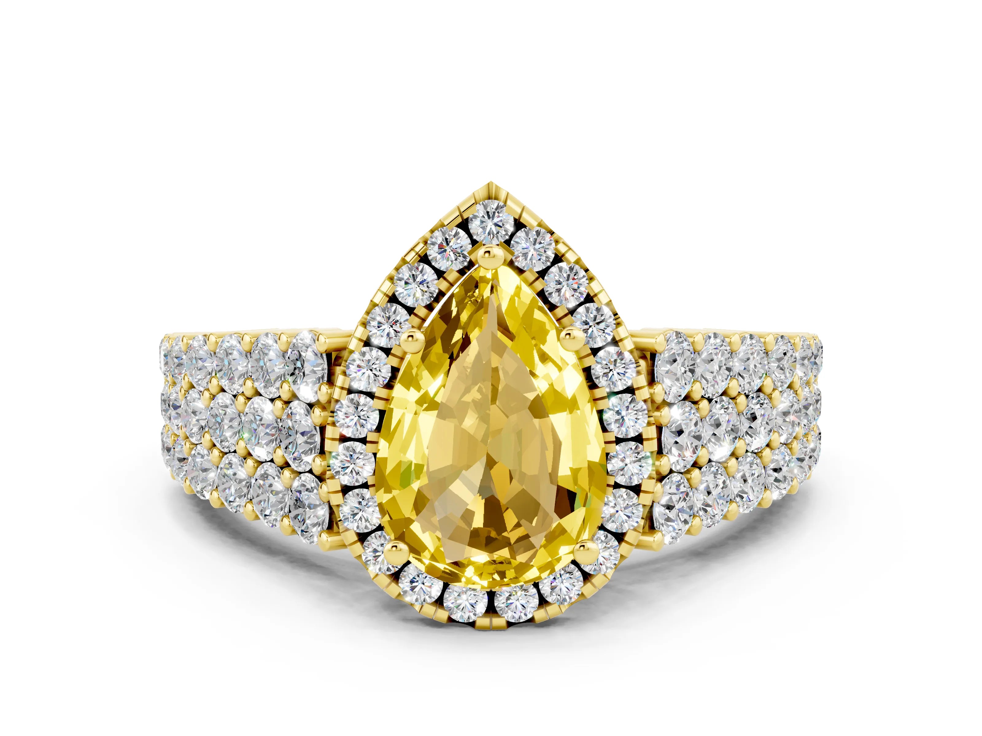 Yellow gold Pear Cut Halo Pavé Diamond Engagement Ring with Split Shank and Four-Prong Setting