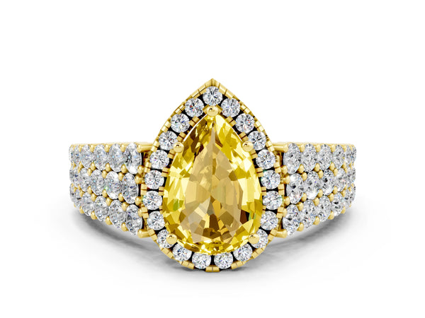 Yellow gold Pear Cut Yellow Sapphire Halo Engagement Ring with Triple Row Round Pavé Band and Prong Setting