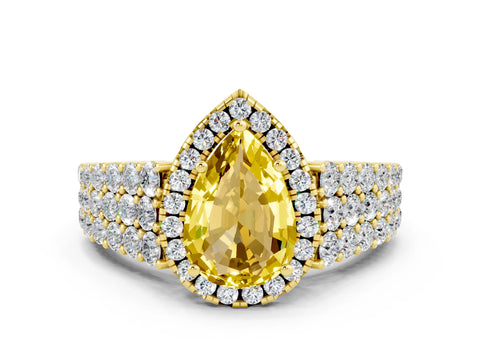 Yellow gold Pear Cut Halo Pavé Diamond Engagement Ring with Split Shank and Four-Prong Setting