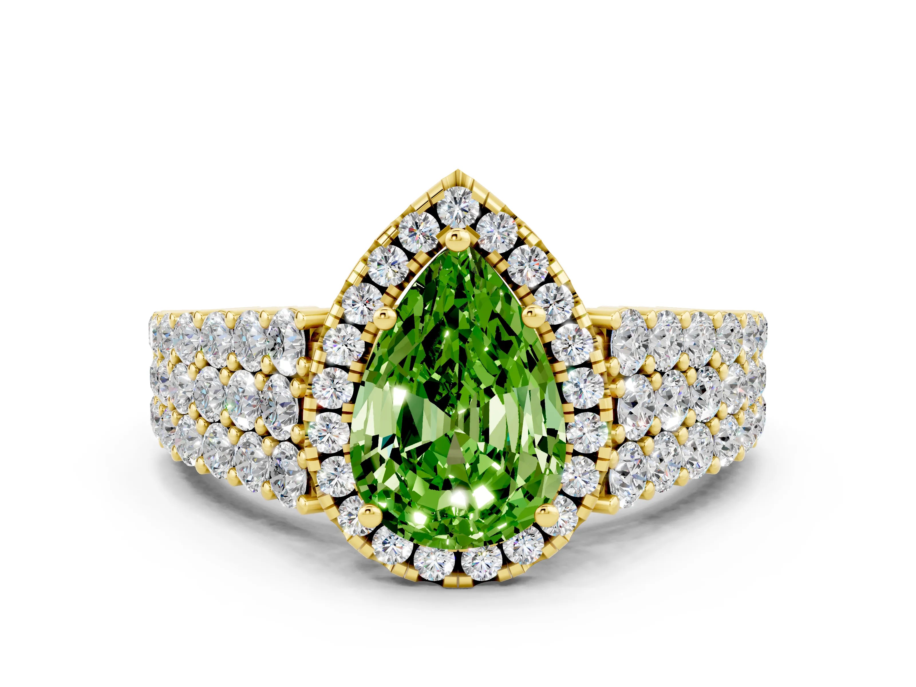 Yellow gold Pear Cut Halo Pavé Diamond Engagement Ring with Split Shank and Four-Prong Setting