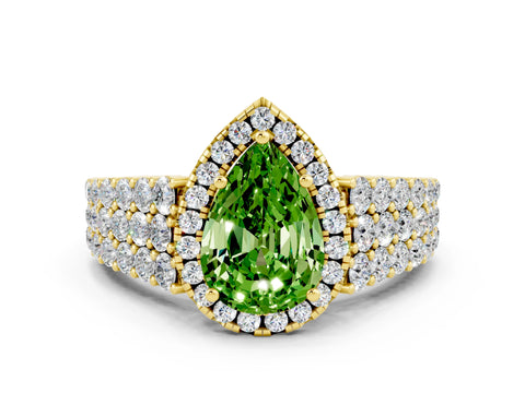 Yellow gold Pear Cut Halo Pavé Diamond Engagement Ring with Split Shank and Four-Prong Setting