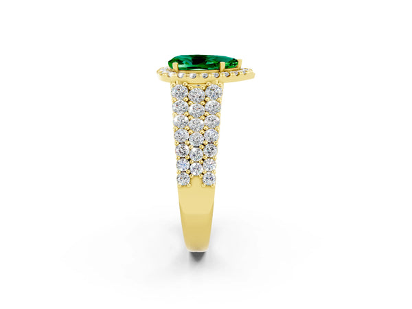 Yellow gold Pear Cut Emerald Halo Engagement Ring with Triple Row Round Pavé Band and Prong Setting