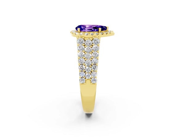 Yellow gold Pear Cut Tanzanite Halo Engagement Ring with Triple Row Round Pavé Band and Prong Setting