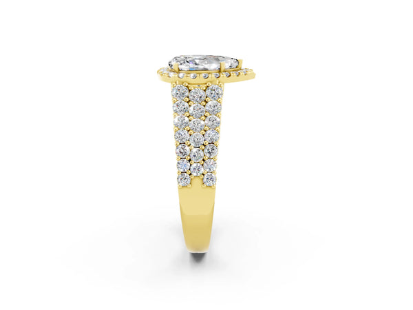 Yellow gold Pear Cut Moissanite Halo Engagement Ring with Triple Row Round Pavé Band and Prong Setting