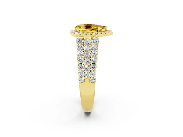 Yellow gold Pear Cut Yellow Sapphire Halo Engagement Ring with Triple Row Round Pavé Band and Prong Setting