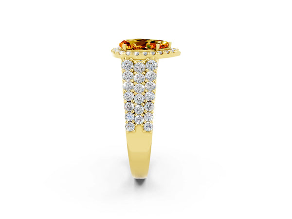 Yellow gold Pear Cut Citrine Halo Engagement Ring with Triple Row Round Pavé Band and Prong Setting