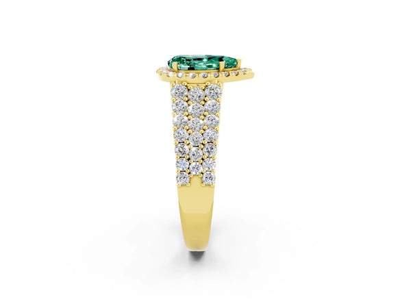 Yellow gold Pear Cut Green Sapphire Halo Engagement Ring with Triple Row Round Pavé Band and Prong Setting