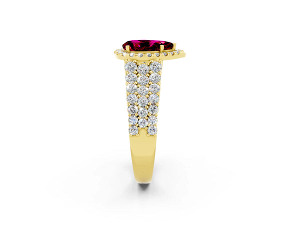 Yellow gold Pear Cut Garnet Halo Engagement Ring with Triple Row Round Pavé Band and Prong Setting