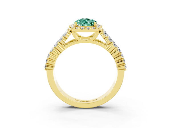 Yellow gold Pear Cut Green Sapphire Halo Engagement Ring with Triple Row Round Pavé Band and Prong Setting