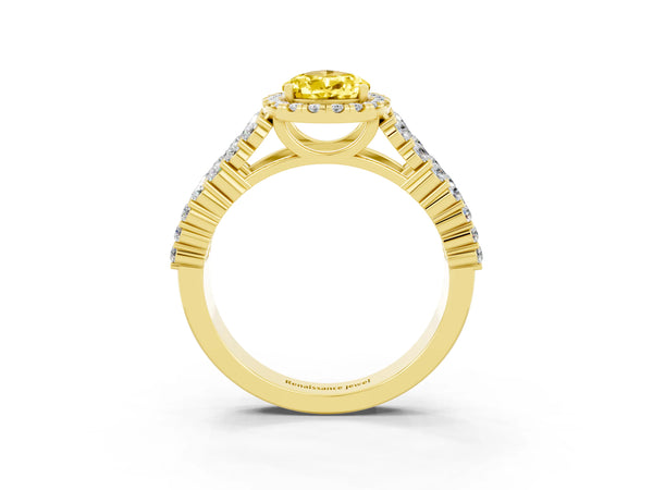 Yellow gold Pear Cut Yellow Sapphire Halo Engagement Ring with Triple Row Round Pavé Band and Prong Setting