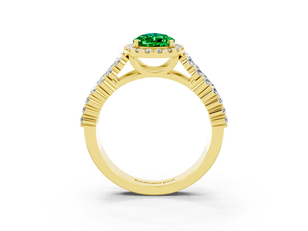 Yellow gold Pear Cut Emerald Halo Engagement Ring with Triple Row Round Pavé Band and Prong Setting