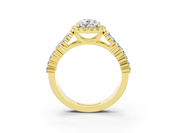 Yellow gold Pear Cut Moissanite Halo Engagement Ring with Triple Row Round Pavé Band and Prong Setting