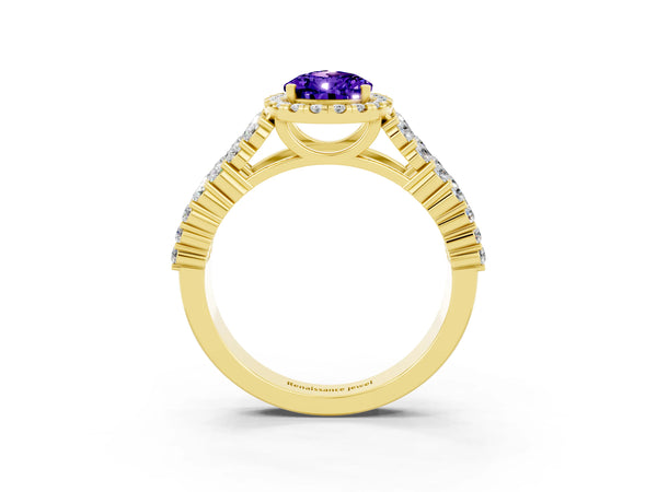 Yellow gold Pear Cut Tanzanite Halo Engagement Ring with Triple Row Round Pavé Band and Prong Setting