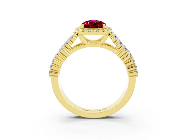 Yellow gold Pear Cut Garnet Halo Engagement Ring with Triple Row Round Pavé Band and Prong Setting