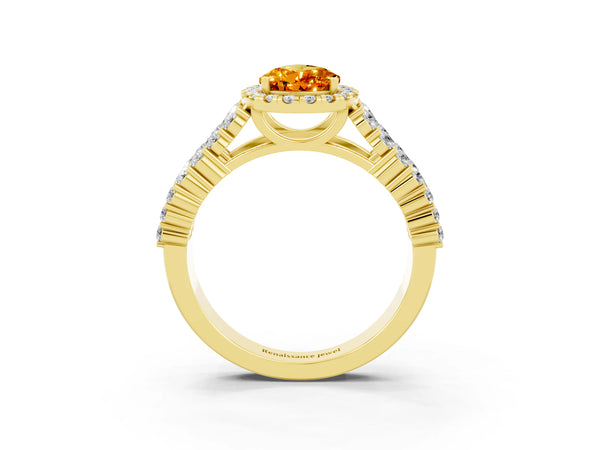 Yellow gold Pear Cut Citrine Halo Engagement Ring with Triple Row Round Pavé Band and Prong Setting