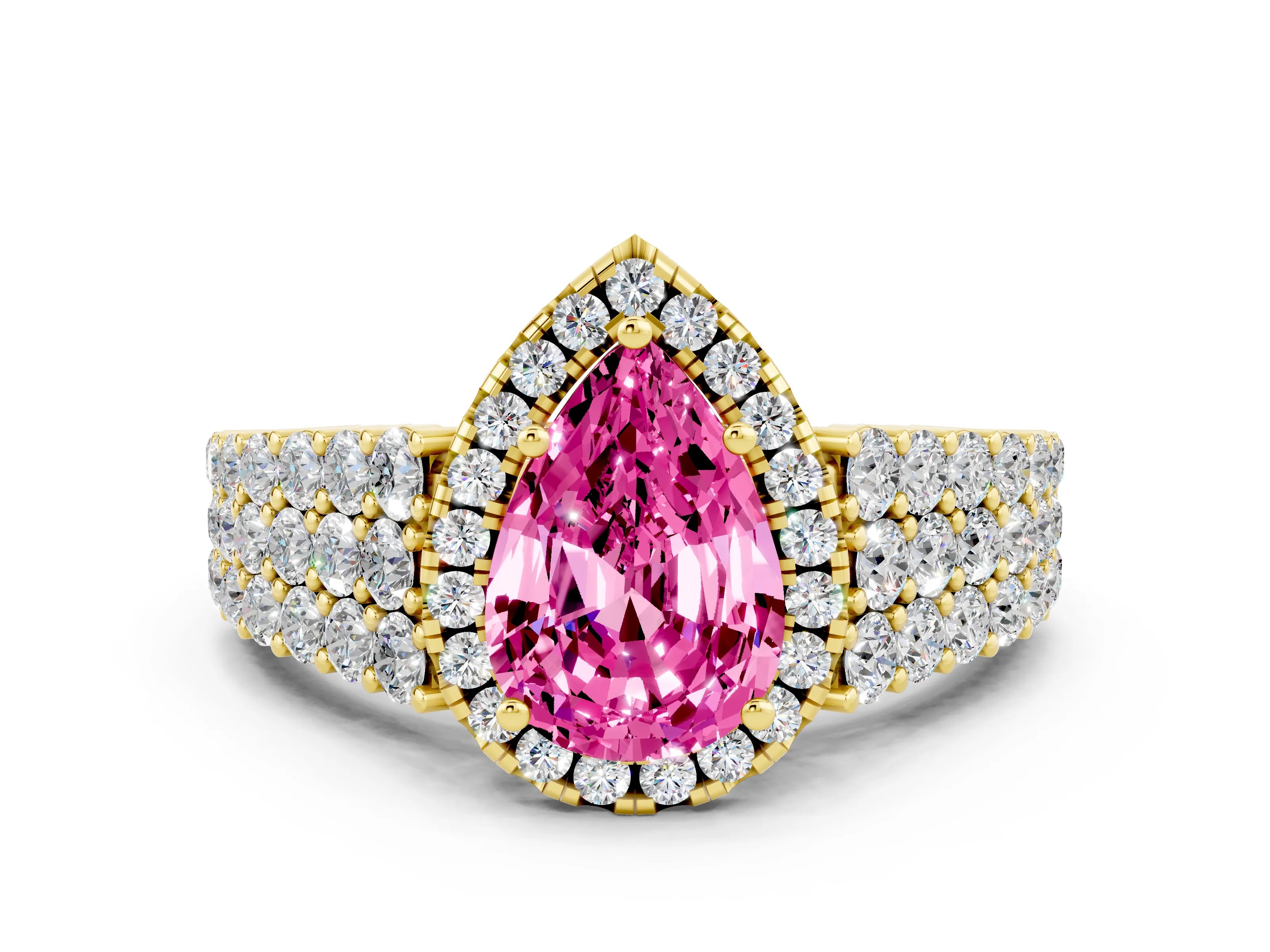 Yellow gold Pear Cut Halo Pavé Diamond Engagement Ring with Split Shank and Four-Prong Setting