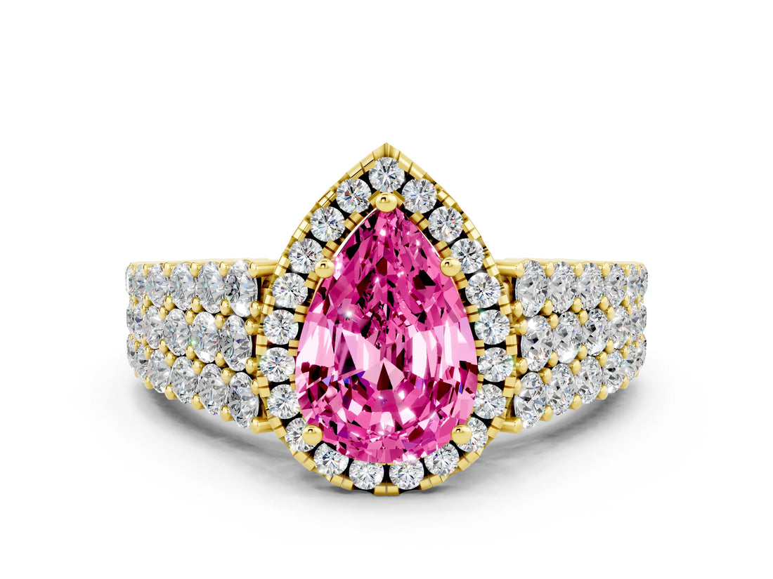 Yellow gold Pear Cut Halo Pavé Diamond Engagement Ring with Split Shank and Four-Prong Setting