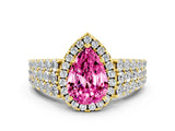 Yellow gold Pear Cut Halo Pavé Diamond Engagement Ring with Split Shank and Four-Prong Setting
