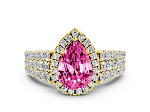 Yellow gold Pear Cut Halo Pavé Diamond Engagement Ring with Split Shank and Four-Prong Setting