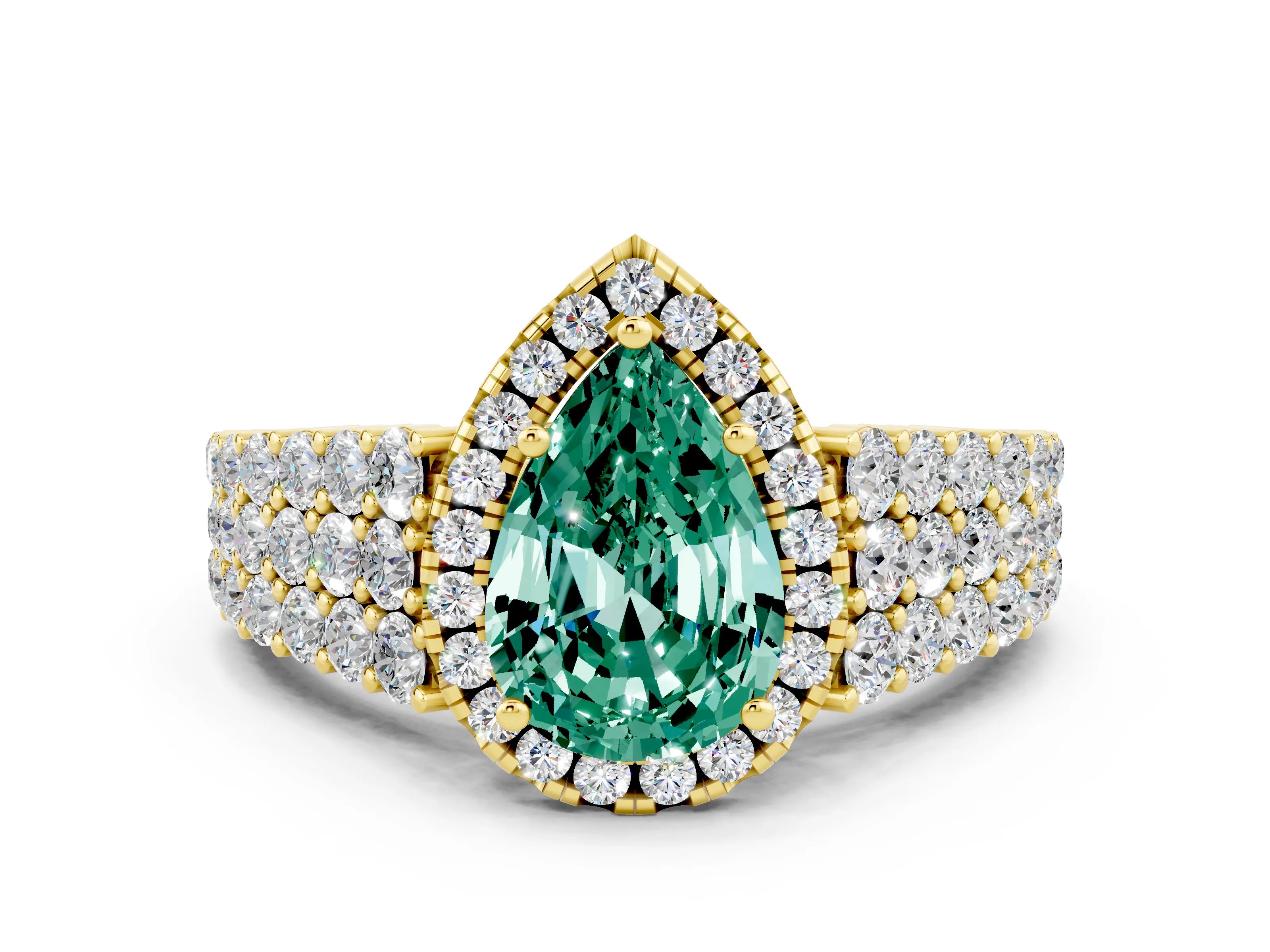 Yellow gold Pear Cut Halo Pavé Diamond Engagement Ring with Split Shank and Four-Prong Setting