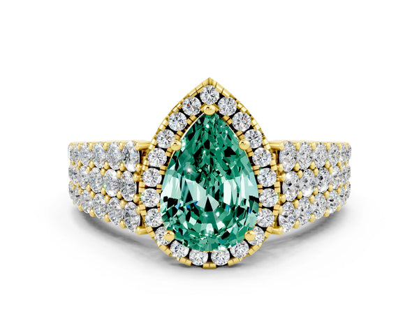 Yellow gold Pear Cut Green Sapphire Halo Engagement Ring with Triple Row Round Pavé Band and Prong Setting