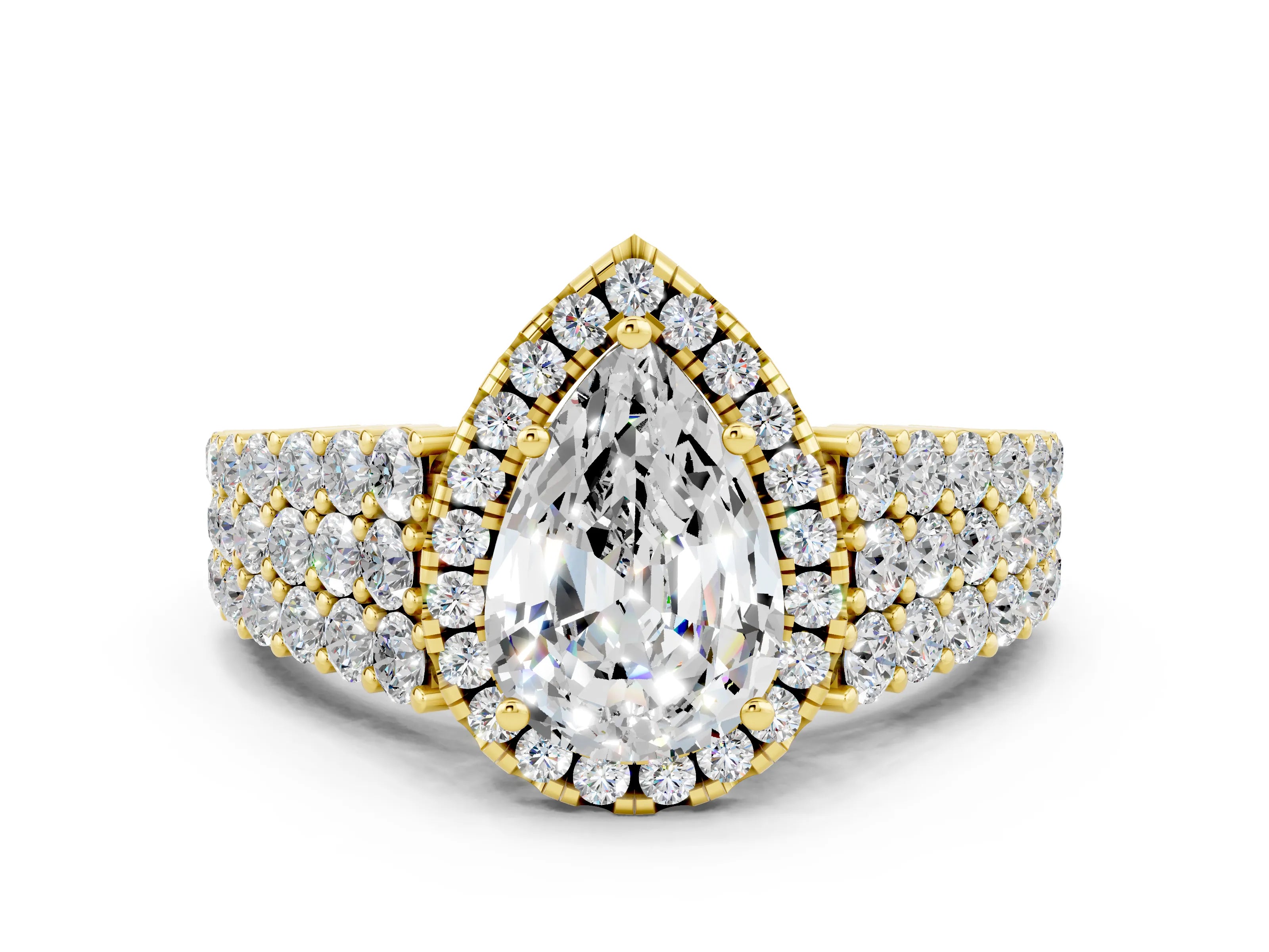 Yellow gold Pear Cut Halo Pavé Diamond Engagement Ring with Split Shank and Four-Prong Setting