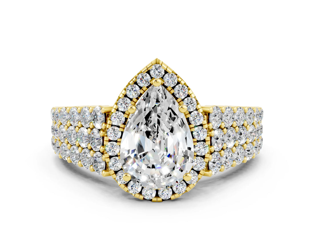 Yellow gold Pear Cut Halo Pavé Diamond Engagement Ring with Split Shank and Four-Prong Setting