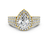 Yellow gold Pear Cut Halo Pavé Diamond Engagement Ring with Split Shank and Four-Prong Setting