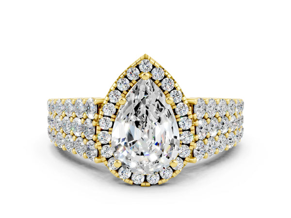 Yellow gold Pear Cut Moissanite Halo Engagement Ring with Triple Row Round Pavé Band and Prong Setting