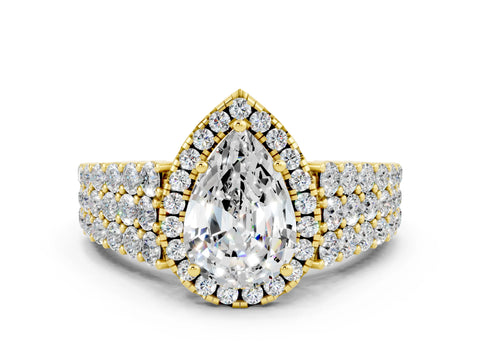 Yellow gold Pear Cut Halo Pavé Diamond Engagement Ring with Split Shank and Four-Prong Setting