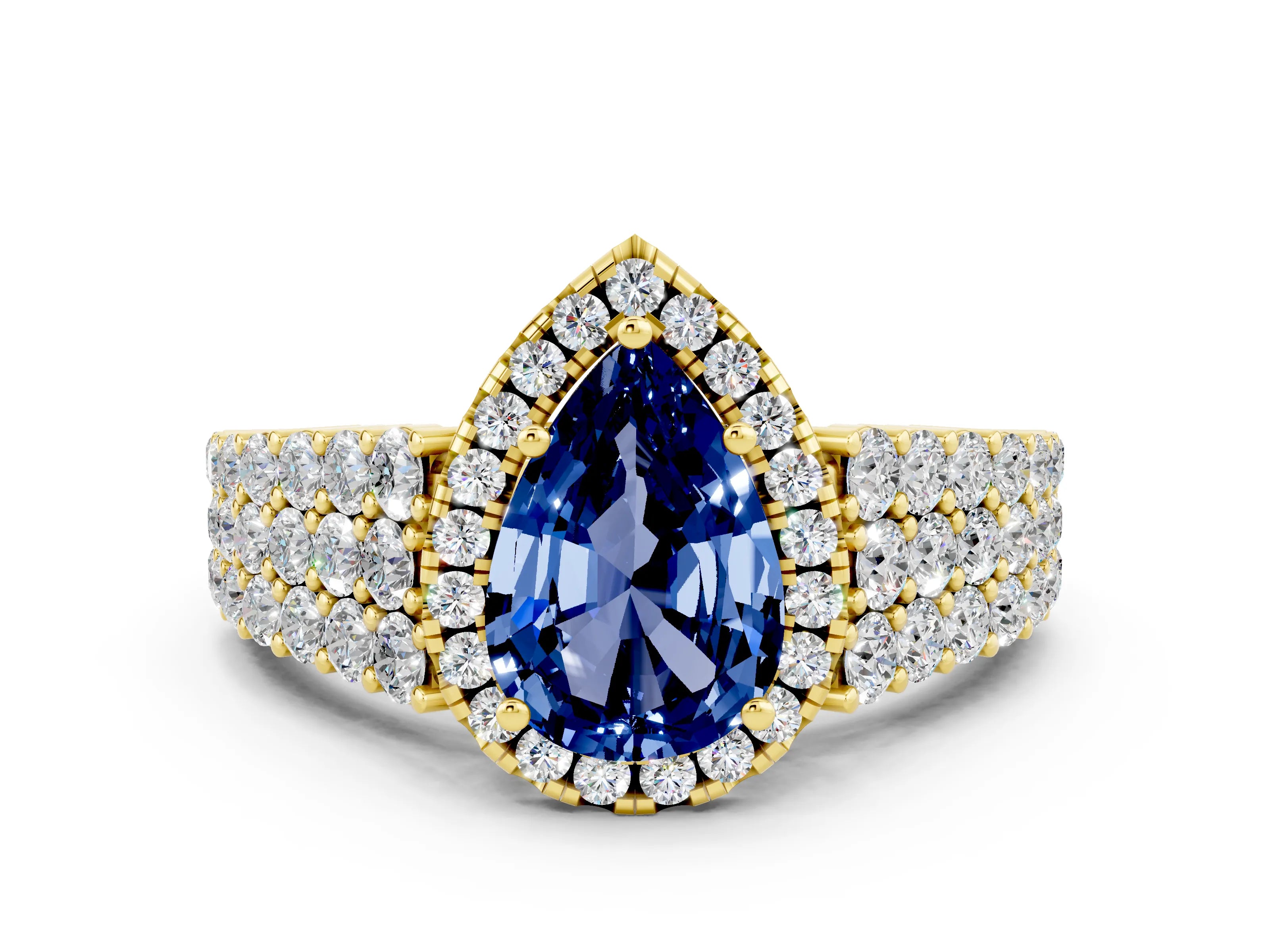 Yellow gold Pear Cut Halo Pavé Diamond Engagement Ring with Split Shank and Four-Prong Setting
