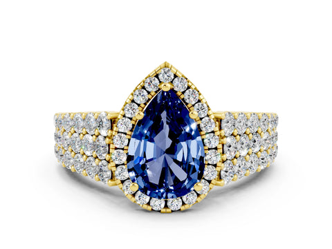Yellow gold Pear Cut Halo Pavé Diamond Engagement Ring with Split Shank and Four-Prong Setting