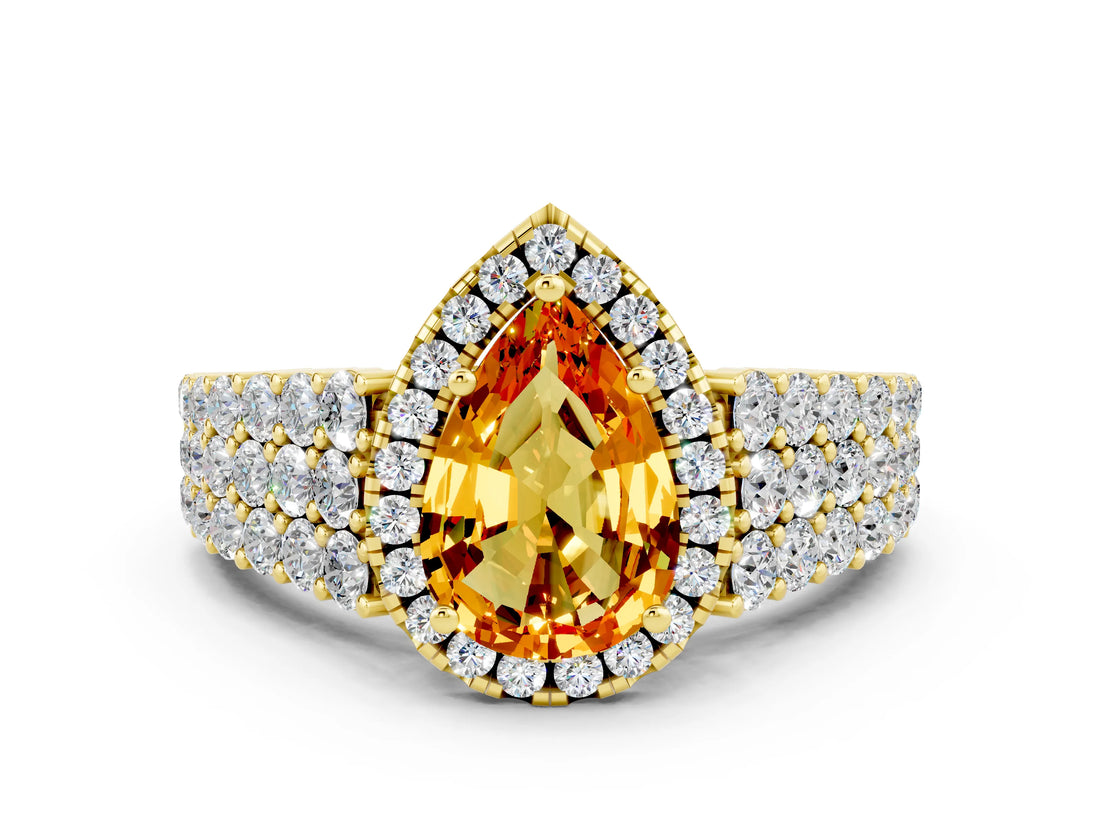 Yellow gold Pear Cut Halo Pavé Diamond Engagement Ring with Split Shank and Four-Prong Setting