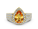Yellow gold Pear Cut Halo Pavé Diamond Engagement Ring with Split Shank and Four-Prong Setting