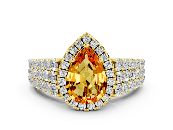 Yellow gold Pear Cut Citrine Halo Engagement Ring with Triple Row Round Pavé Band and Prong Setting