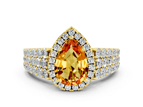 Yellow gold Pear Cut Halo Pavé Diamond Engagement Ring with Split Shank and Four-Prong Setting