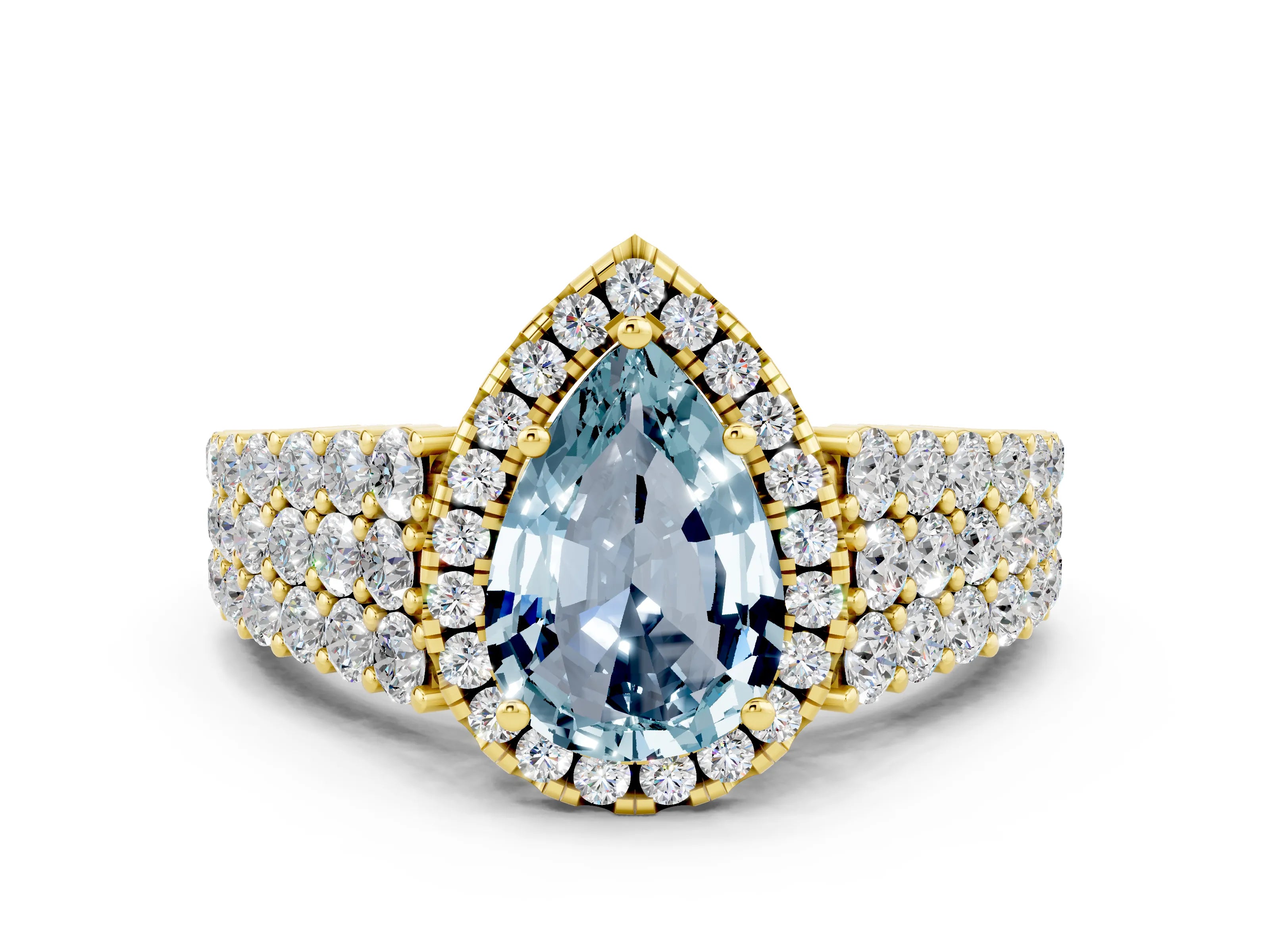 Yellow gold Pear Cut Halo Pavé Diamond Engagement Ring with Split Shank and Four-Prong Setting
